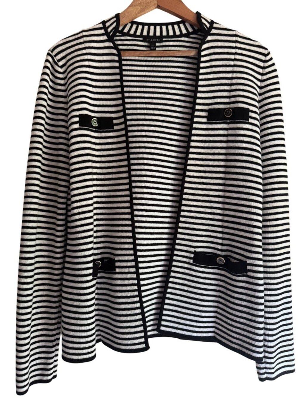 Talbots Sweater Blazer Jacket Black White Striped Open Front Size XS